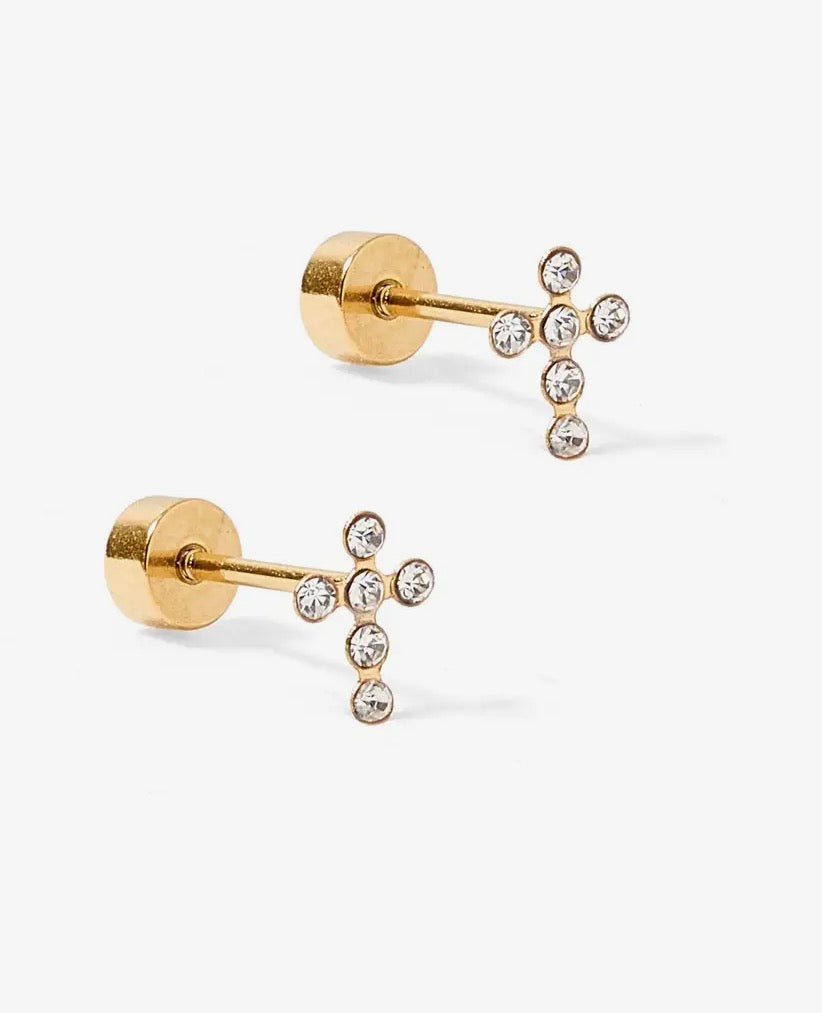 Clara Cross Gold Sparkle- Screwback Stud Earrings